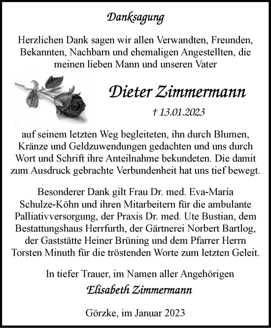 Traueranzeige von Dieter Zimmermann von Märkische Oderzeitung