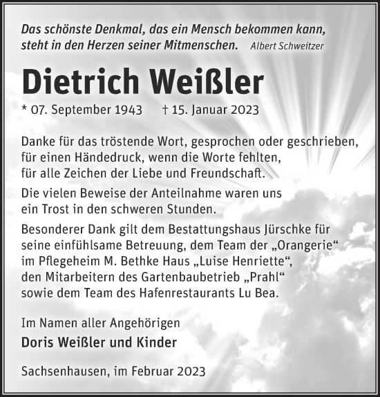 Traueranzeige von Dietrich Weißler von Märkische Oderzeitung