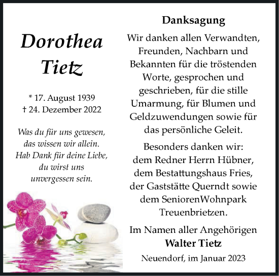 Traueranzeige von Dorothea Tietz von Märkische Oderzeitung