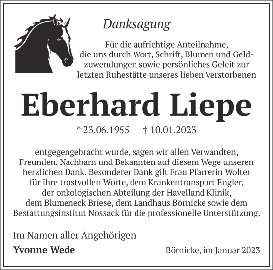 Traueranzeige von Eberhard Liepe von Märkische Oderzeitung