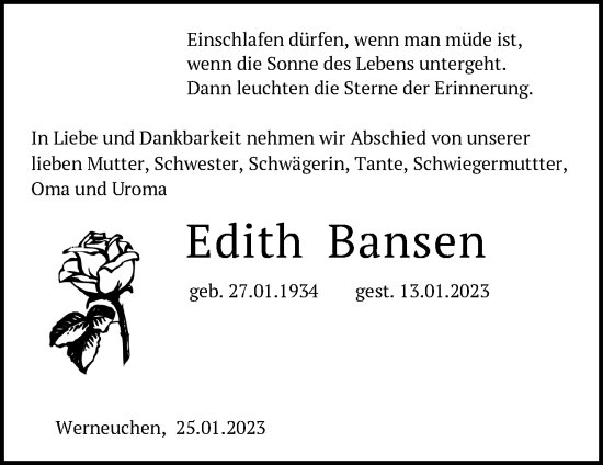 Traueranzeige von Edith Bansen von Märkische Oderzeitung