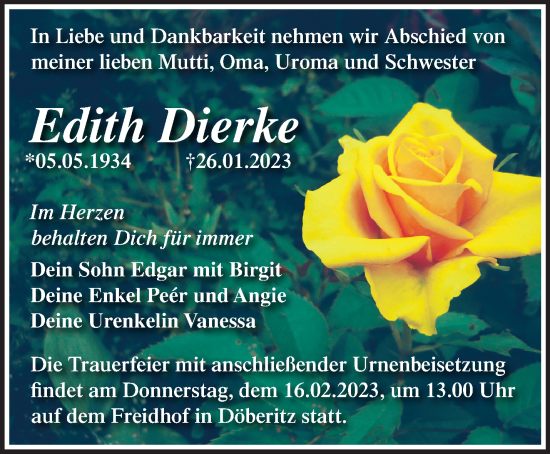 Traueranzeige von Edith Dierke von Märkische Oderzeitung