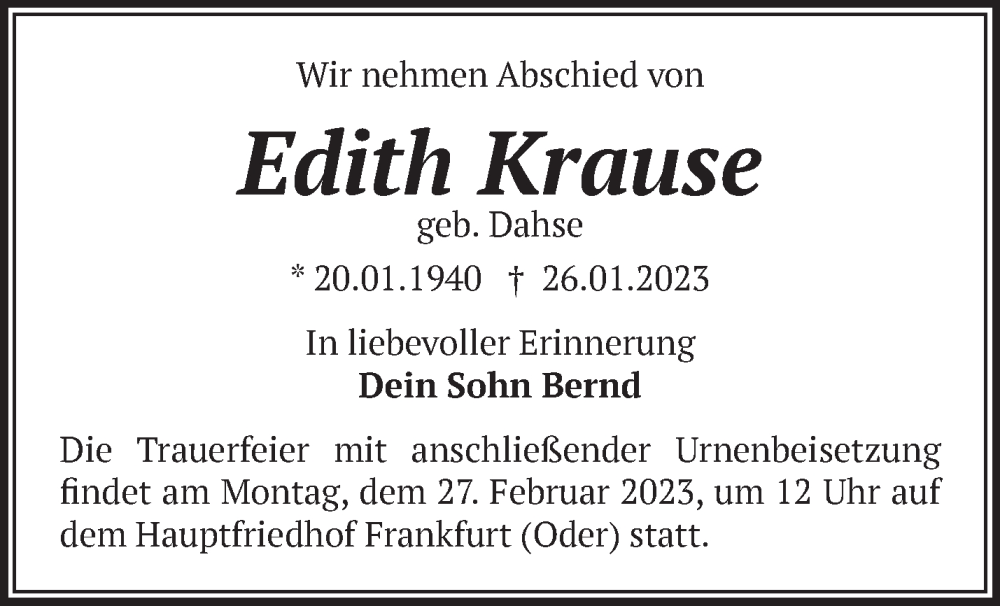  Traueranzeige für Edith Krause vom 11.02.2023 aus Märkische Oderzeitung