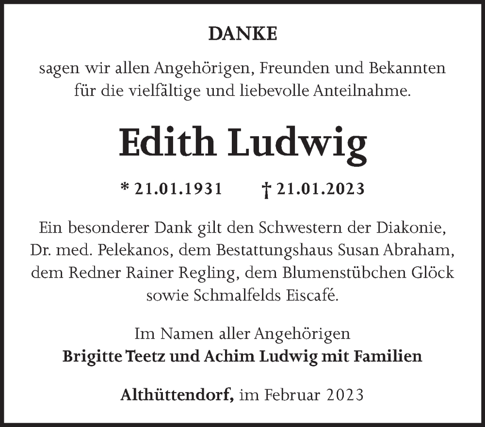  Traueranzeige für Edith Ludwig vom 17.02.2023 aus Märkische Oderzeitung
