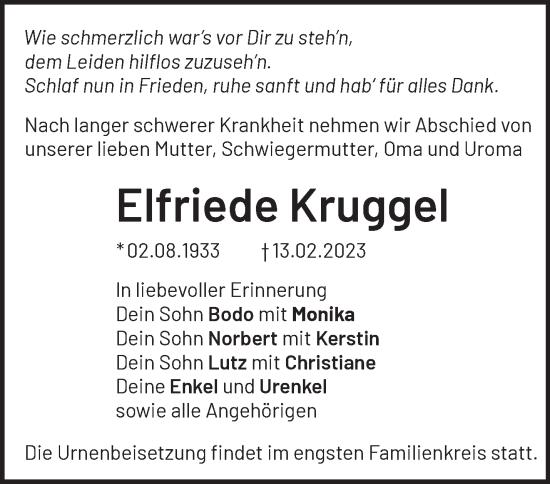 Traueranzeige von Elfriede Kruggel von Märkische Oderzeitung