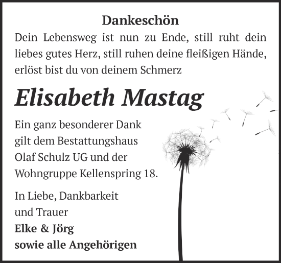 Traueranzeige von Elisabeth Mastag von Märkische Oderzeitung