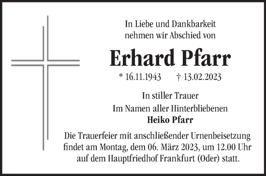 Traueranzeige von Erhard Pfarr von Märkische Oderzeitung