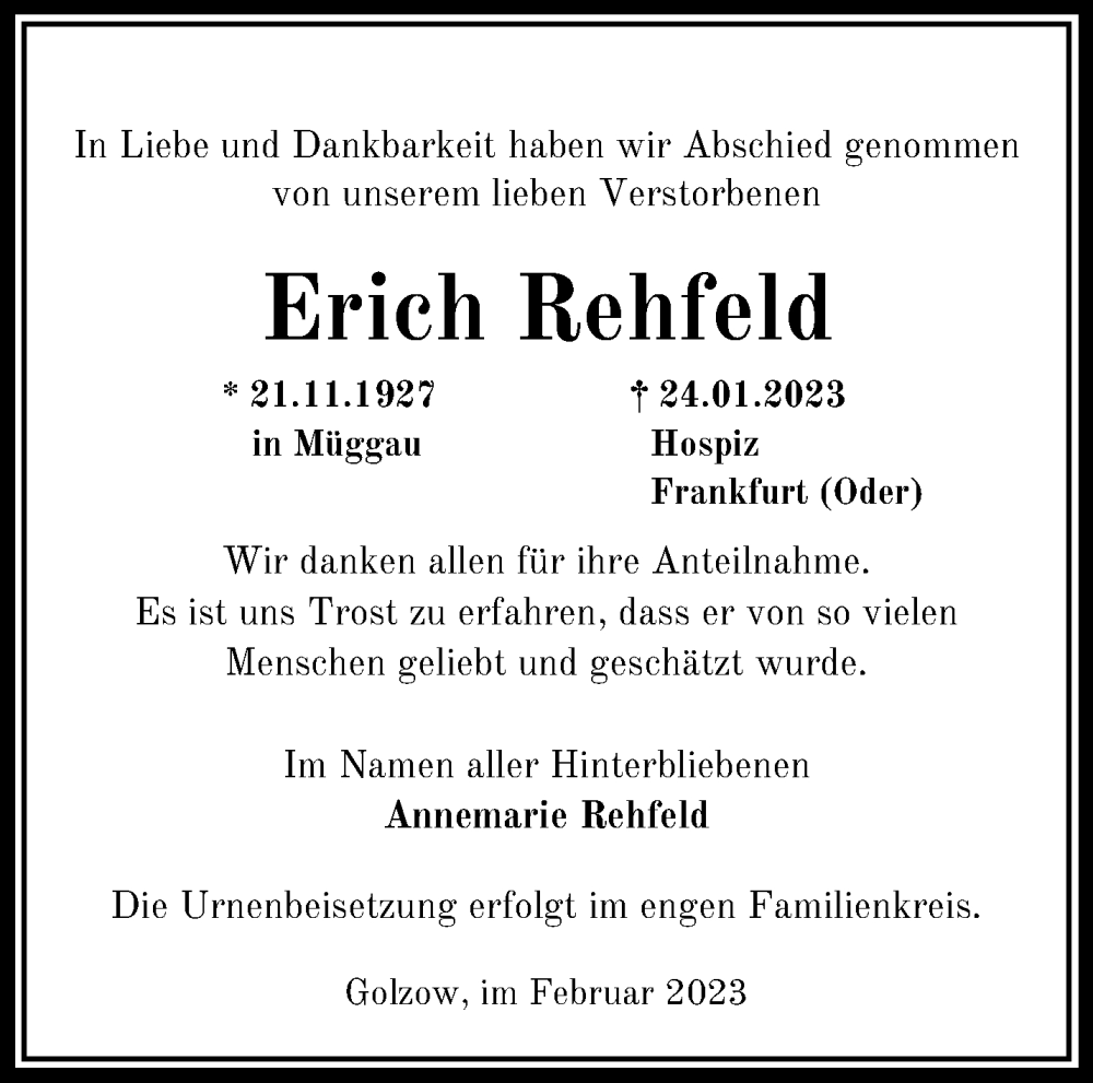  Traueranzeige für Erich Rehfeld vom 10.02.2023 aus Märkische Oderzeitung
