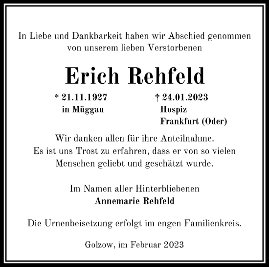 Traueranzeige von Erich Rehfeld von Märkische Oderzeitung