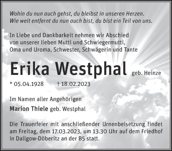 Traueranzeige von Erika Westphal von Märkische Oderzeitung