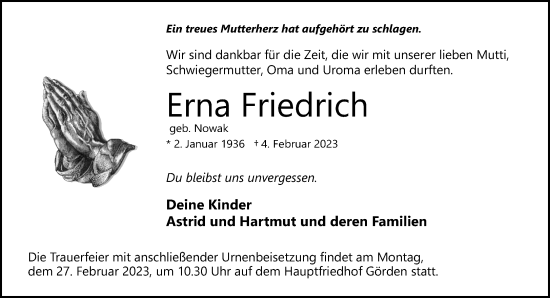 Traueranzeige von Erna Friedrich von Märkische Oderzeitung