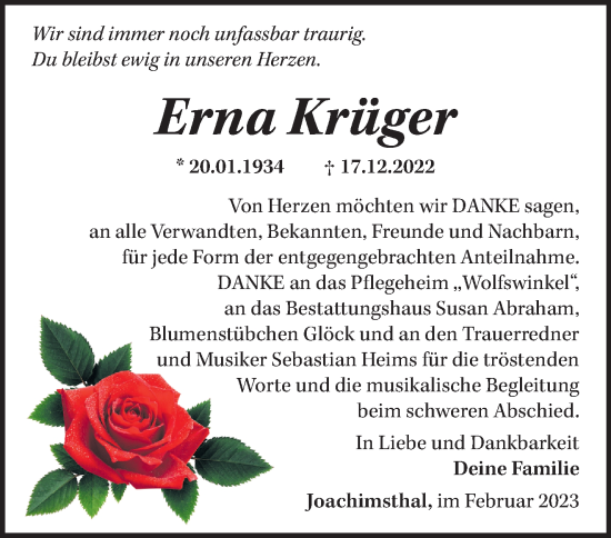 Traueranzeige von Erna Krüger von Märkische Oderzeitung