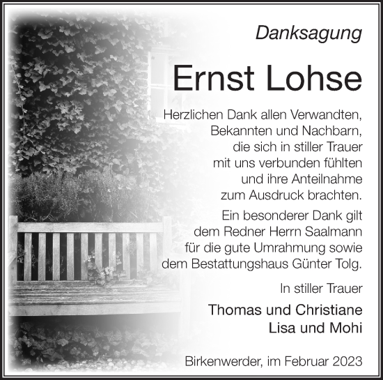 Traueranzeige von Ernst Lohse von Märkische Oderzeitung