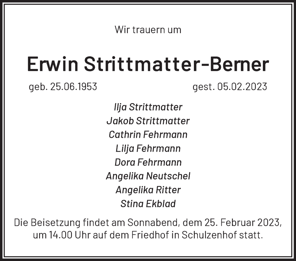  Traueranzeige für Erwin Strittmatter-Berner vom 18.02.2023 aus Märkische Oderzeitung