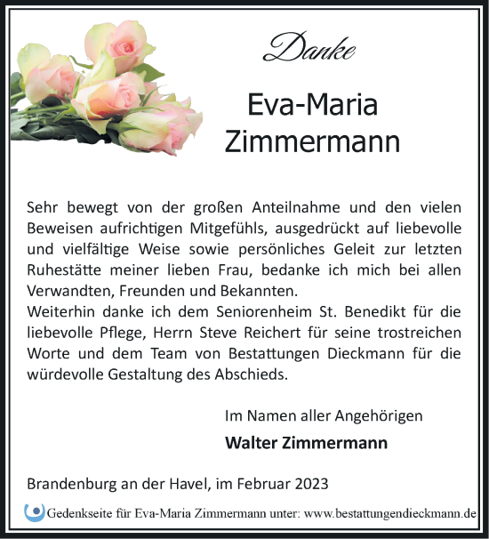 Traueranzeige von Eva-Maria Zimmermann von Märkische Oderzeitung