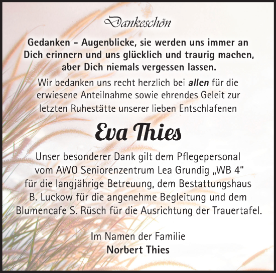 Traueranzeige von Eva Thies von Märkische Oderzeitung