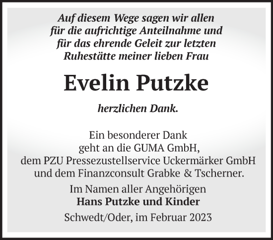 Traueranzeige von Evelin Putzke von Märkische Oderzeitung