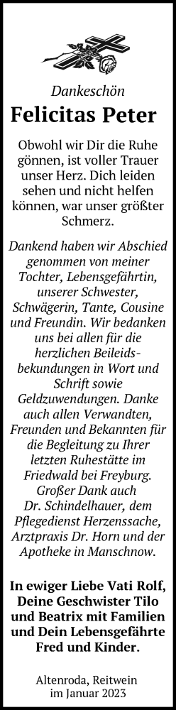  Traueranzeige für Felicitas Peter vom 12.02.2023 aus Märkische Oderzeitung