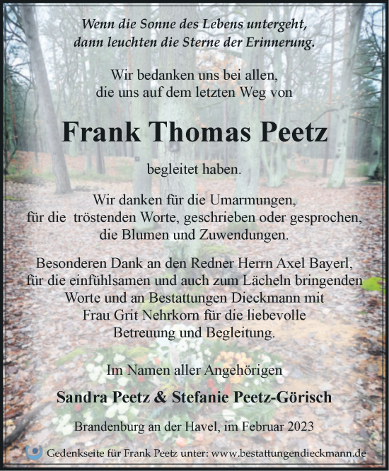 Traueranzeige von Frank Thomas Peetz von Märkische Oderzeitung