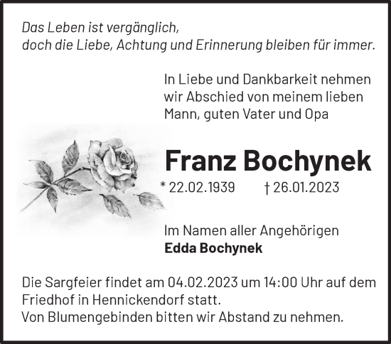 Traueranzeige von Franz Bochynek von Märkische Oderzeitung