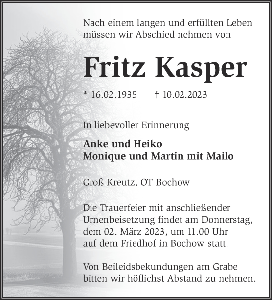 Traueranzeige von Fritz Kasper von Märkische Oderzeitung