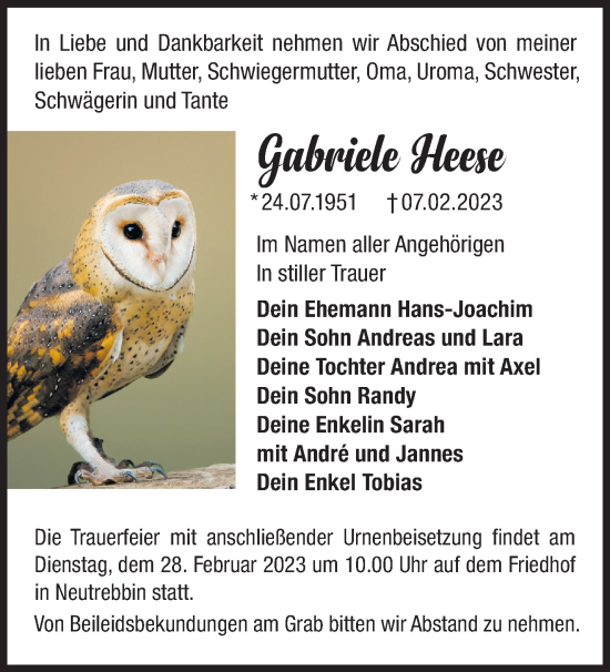 Traueranzeige von Gabriele Heese von Märkische Oderzeitung