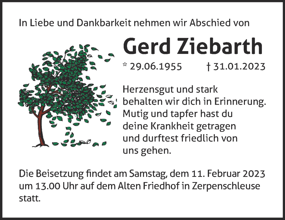  Traueranzeige für Gerd Ziebarth vom 04.02.2023 aus Märkische Oderzeitung