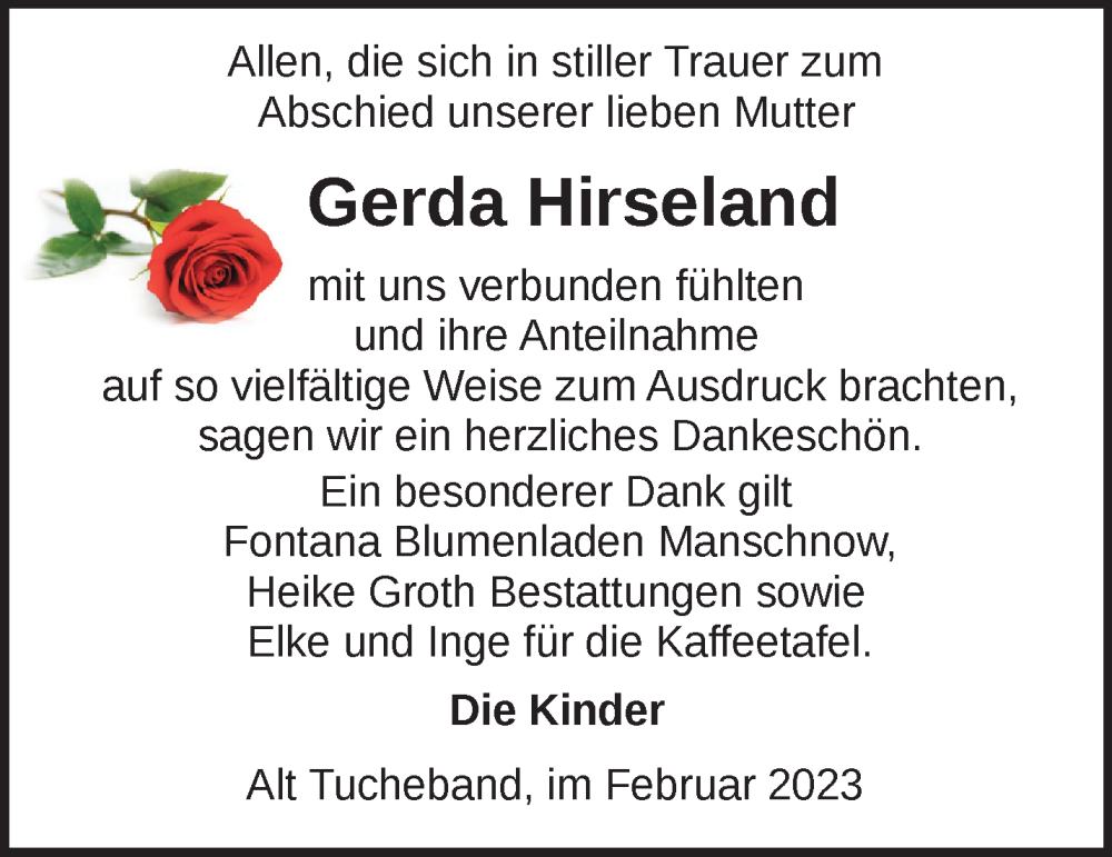  Traueranzeige für Gerda Hirseland vom 11.02.2023 aus Märkische Oderzeitung