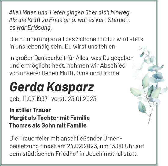 Traueranzeige von Gerda Kasparz von Märkische Oderzeitung