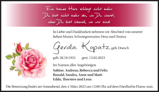 Traueranzeige von Gerda Kopatz von Märkische Oderzeitung