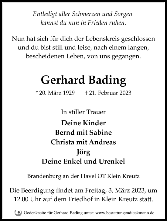 Traueranzeige von Gerhard Bading von Märkische Oderzeitung