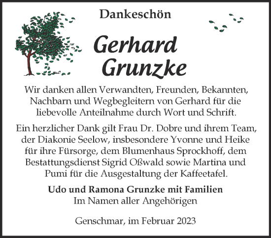 Traueranzeige von Gerhard Grunzke von Märkische Oderzeitung