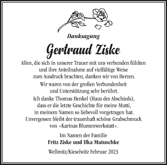 Traueranzeige von Gertraud Ziske von Märkische Oderzeitung