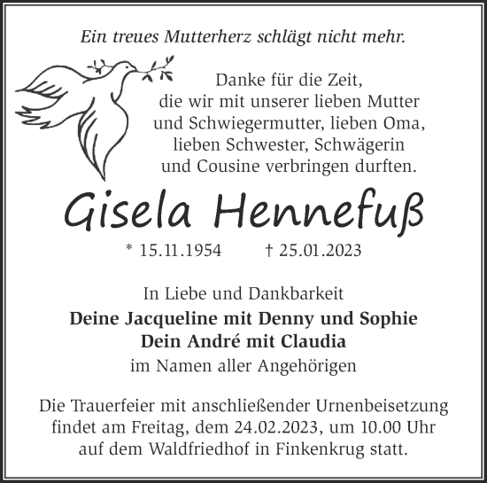 Traueranzeige von Gisela Hennefuß von Märkische Oderzeitung