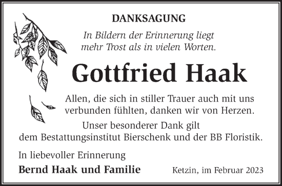 Traueranzeige von Gottfried Haak von Märkische Oderzeitung