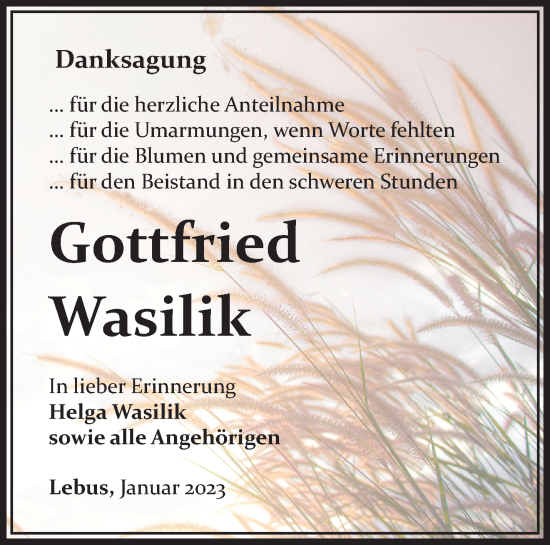 Traueranzeige von Gottfried Wasilik von Märkische Oderzeitung