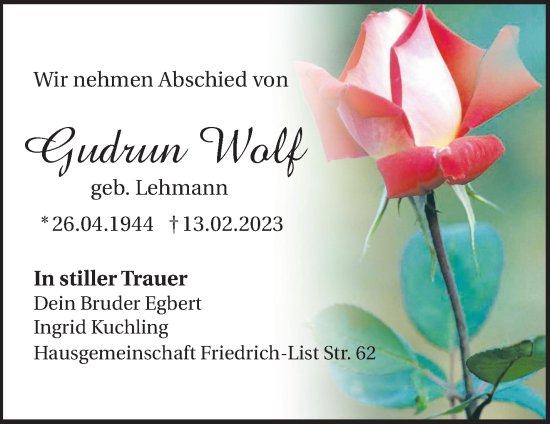 Traueranzeige von Gudrun Wolf von Märkische Oderzeitung