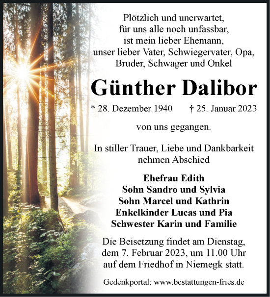 Traueranzeige von Günther Dalibor von Märkische Oderzeitung