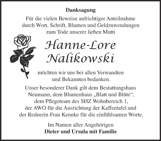 Traueranzeige von Hanne-Lore Nalikowski von Märkische Oderzeitung