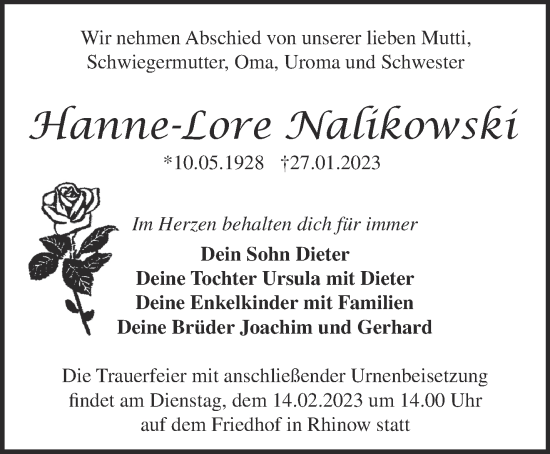 Traueranzeige von Hanne-Lore Nalikowski von Märkische Oderzeitung