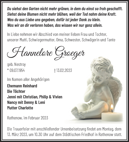Traueranzeige von Hannelore Groeger von Märkische Oderzeitung