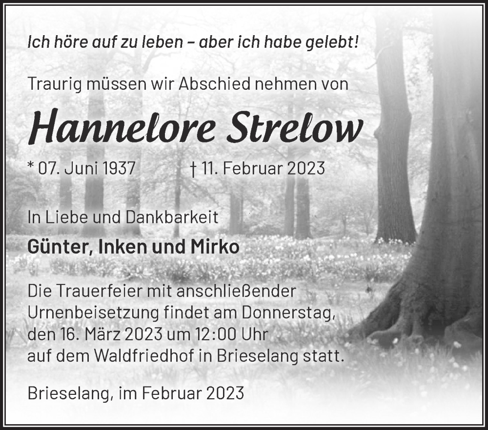 Traueranzeigen Von Hannelore Strelow Märkische Onlinezeitung Trauerportal