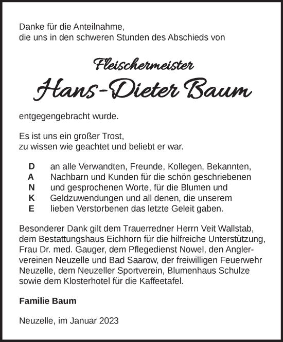 Traueranzeige von Hans-Dieter Baum von Märkische Oderzeitung