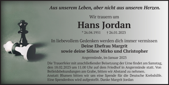 Traueranzeige von Hans Jordan von Märkische Oderzeitung