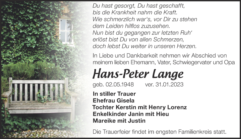  Traueranzeige für Hans-Peter Lange vom 04.02.2023 aus Märkische Oderzeitung