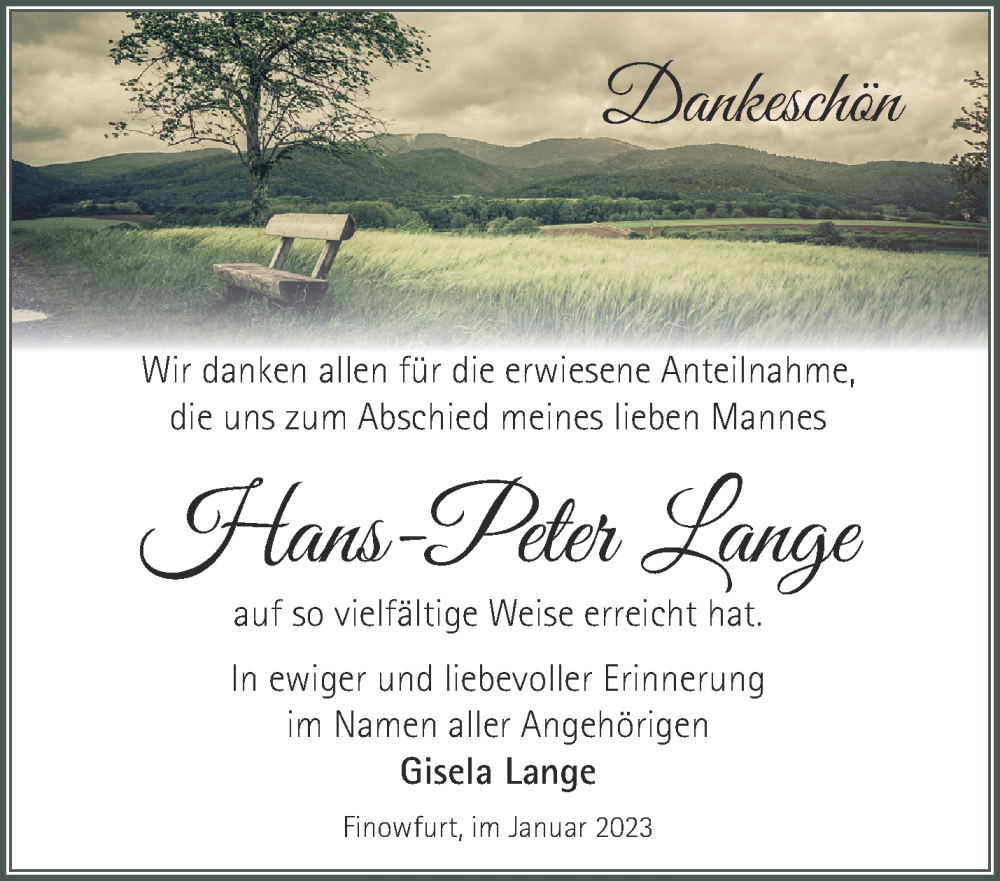  Traueranzeige für Hans-Peter Lange vom 26.02.2023 aus Märkische Oderzeitung