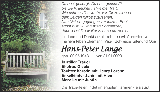 Traueranzeige von Hans-Peter Lange von Märkische Oderzeitung