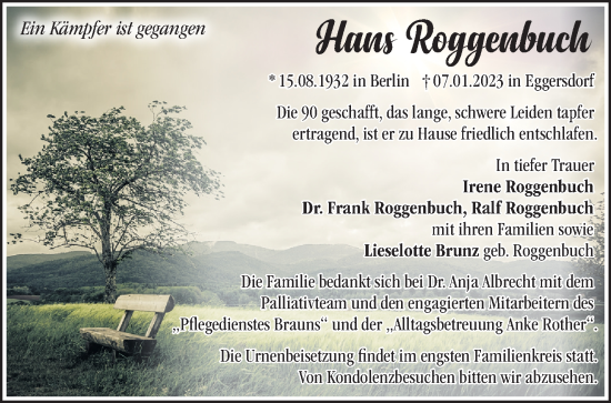 Traueranzeige von Hans Roggenbuch von Märkische Oderzeitung