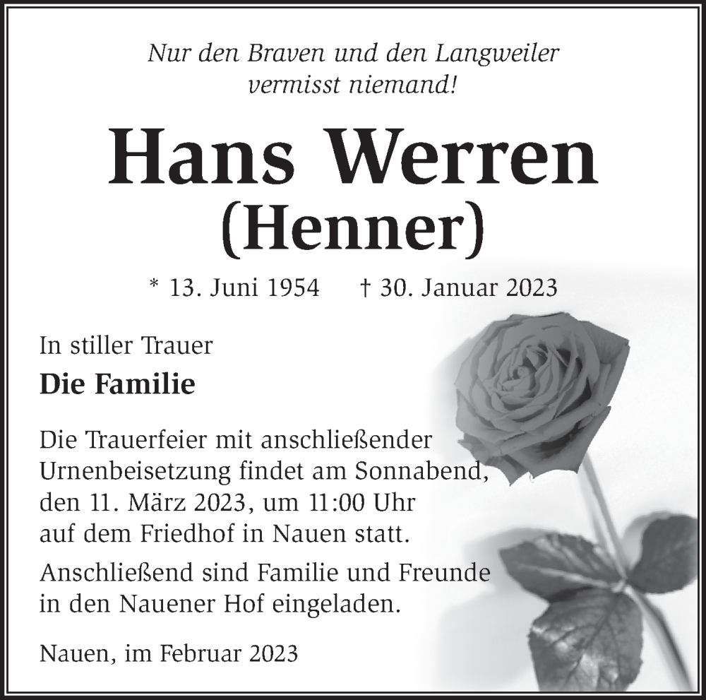  Traueranzeige für Hans Werren vom 12.02.2023 aus Märkische Oderzeitung