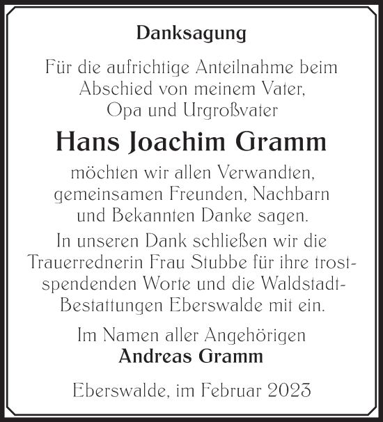 Traueranzeige von Hans Joachim Gramm von Märkische Oderzeitung